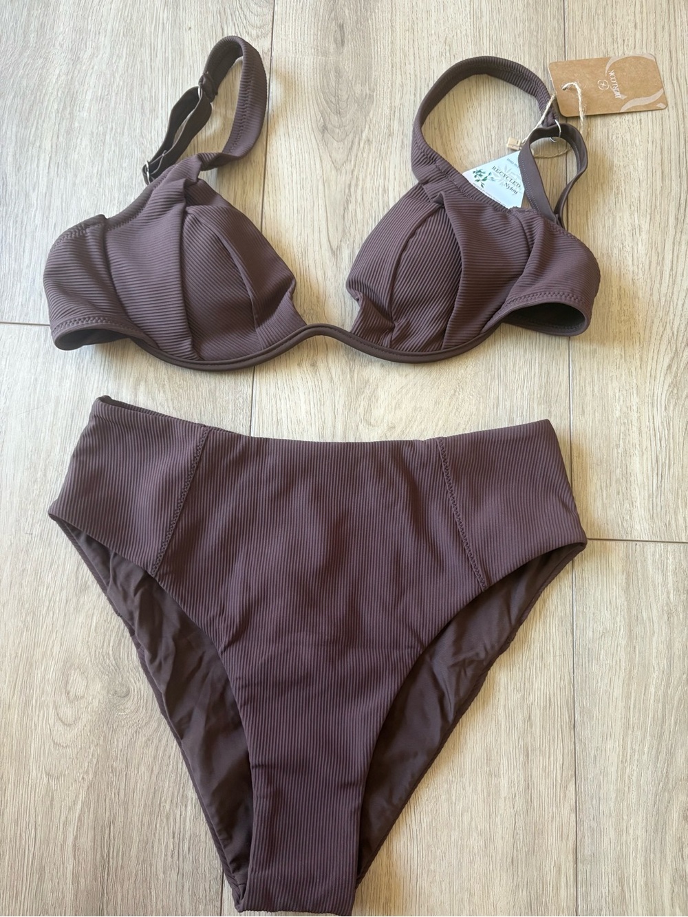 Berlook Ribbed High-Waist Bikini Set in Chocolate Brown
